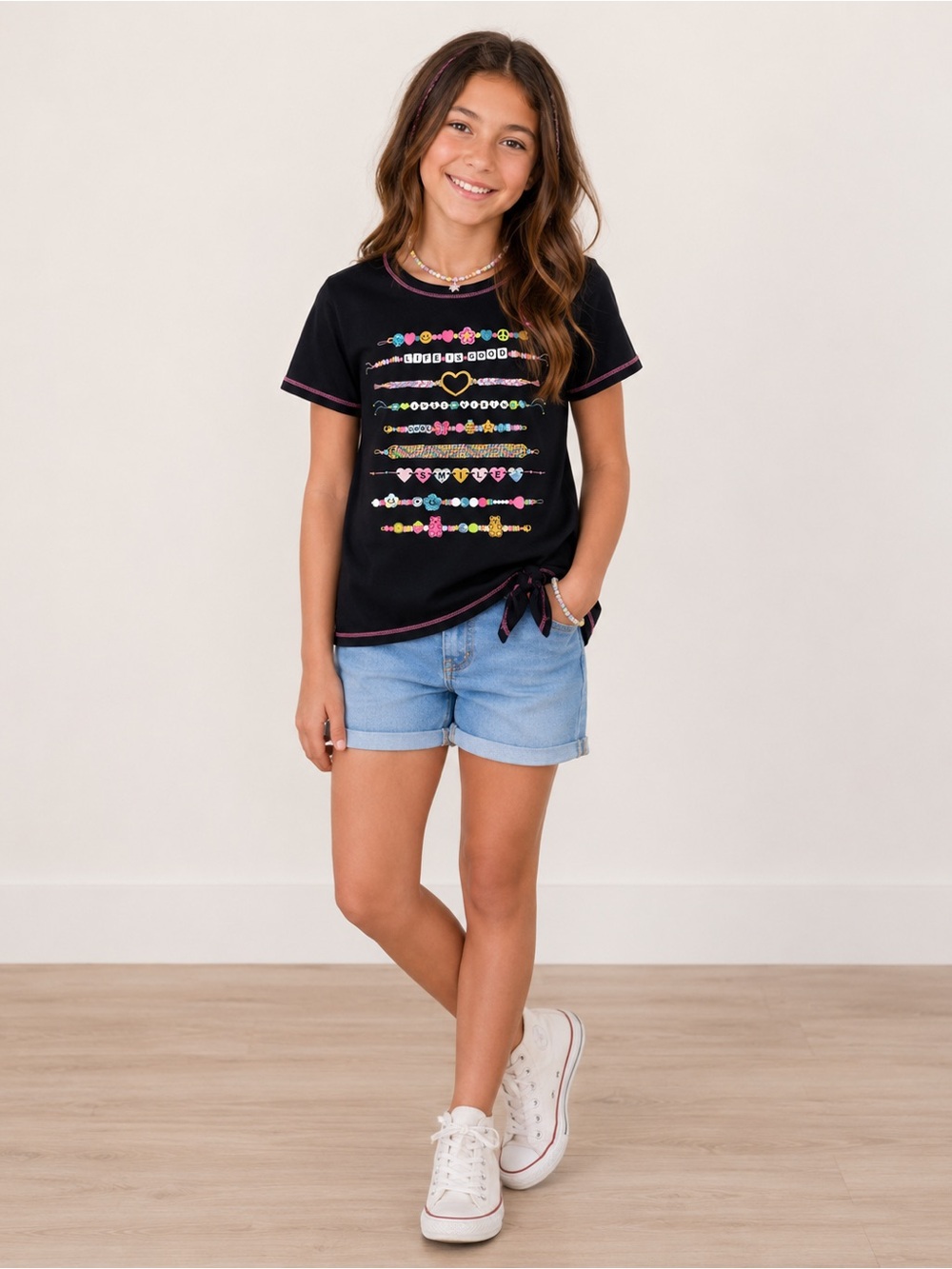 Self Esteem Black Tee with Colorful Charm Bracelet Accents